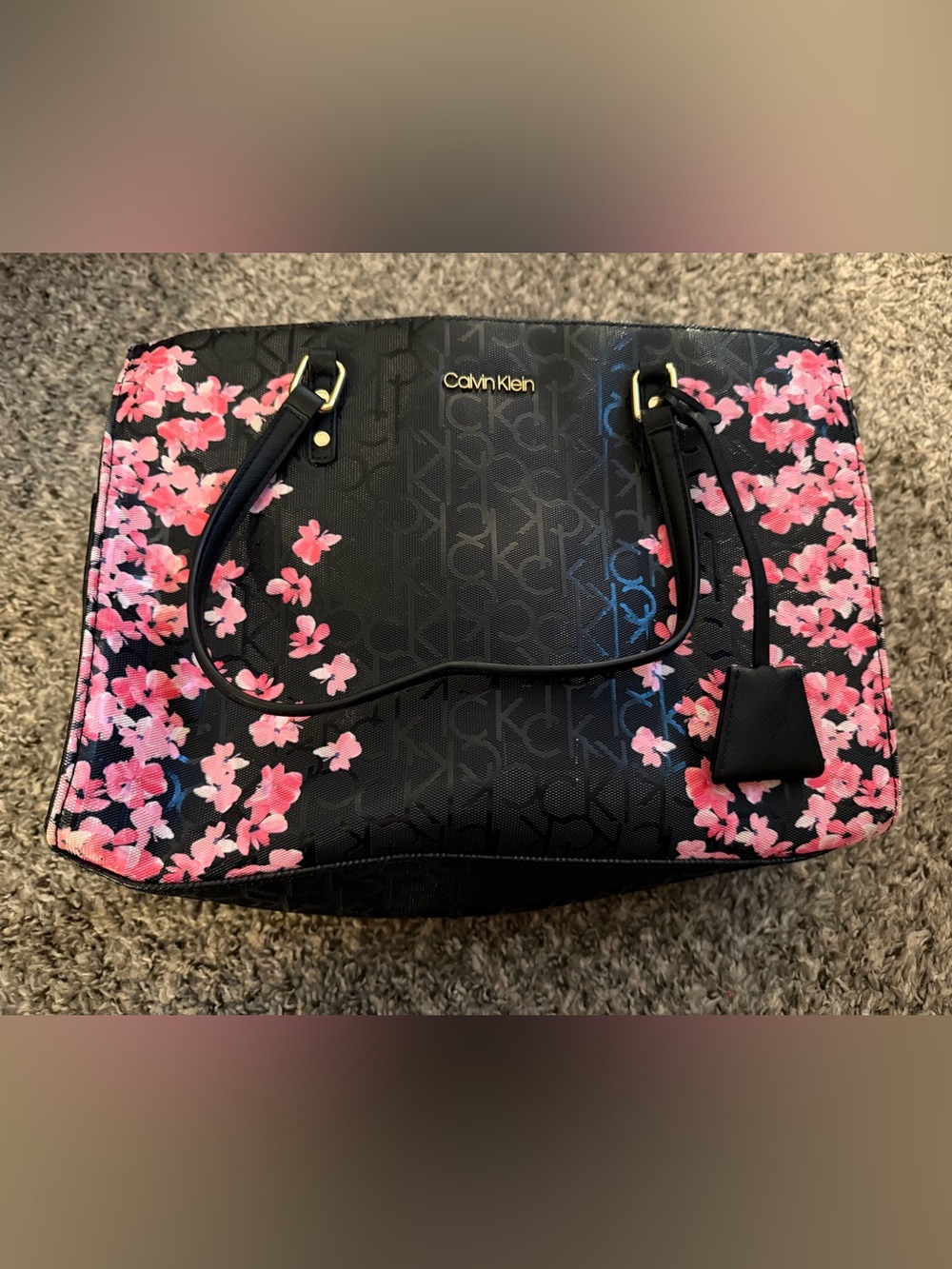 Calvin Klein Black Tote with Pink Floral Blossom Accents